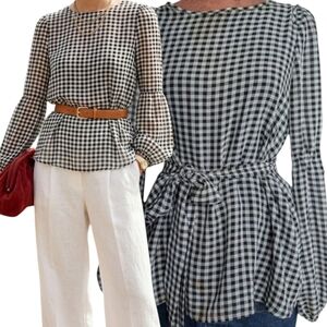 Max Studio chiffon gingham peasant blouse with removable tie belt size S